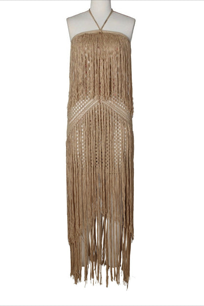 Crochet Halter Fringe Maxi Dress