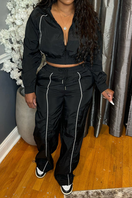 Trim Top & Wide Leg Pants Set