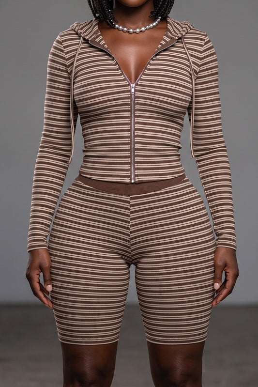 Striped Ribbed Zip Hoodie & Capri Set