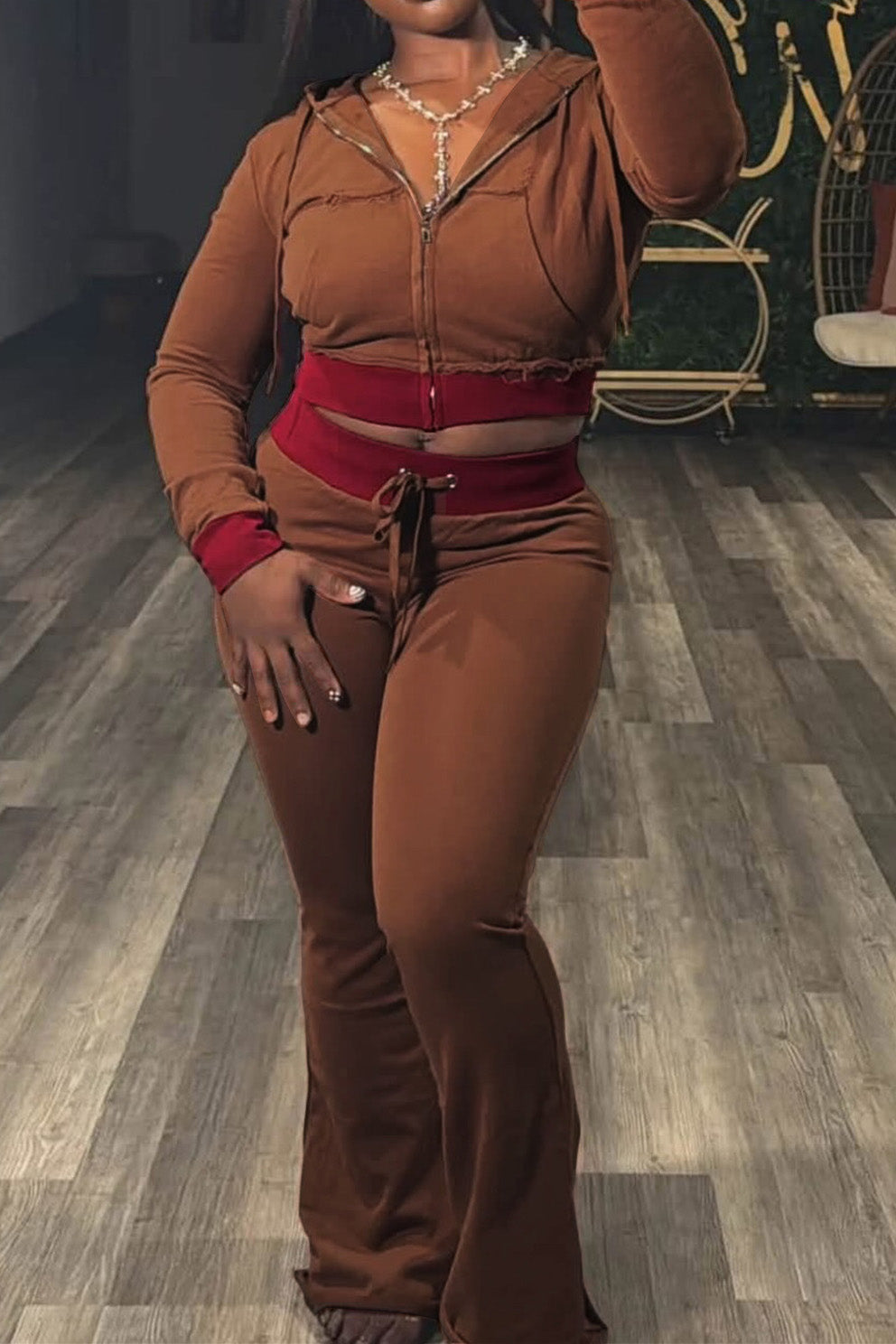 Contrast-Trim Zip Hoodie & Flare Pants Set
