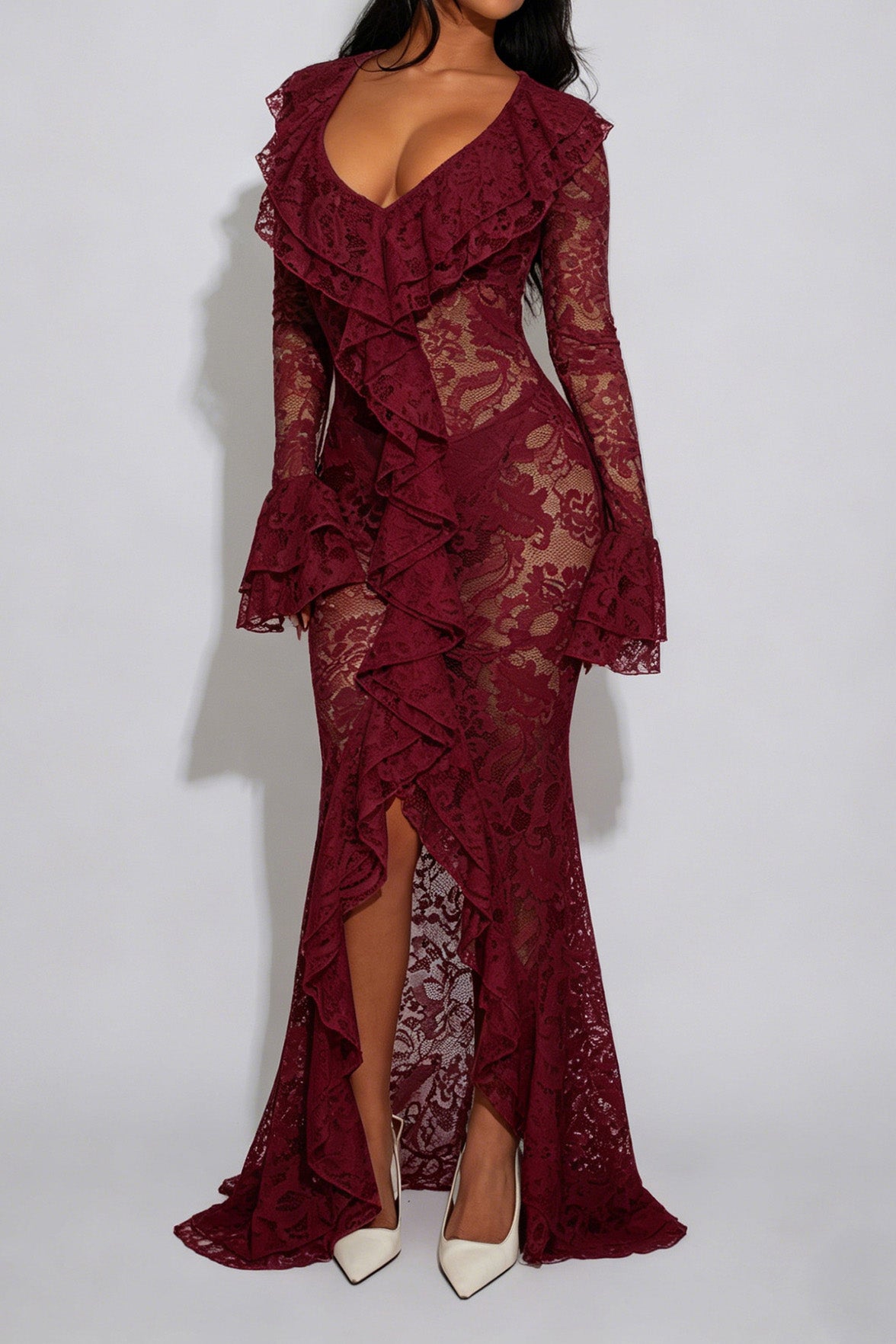 Sheer Lace Ruffled Slit Maxi Dress