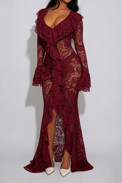 Sheer Lace Ruffled Slit Maxi Dress