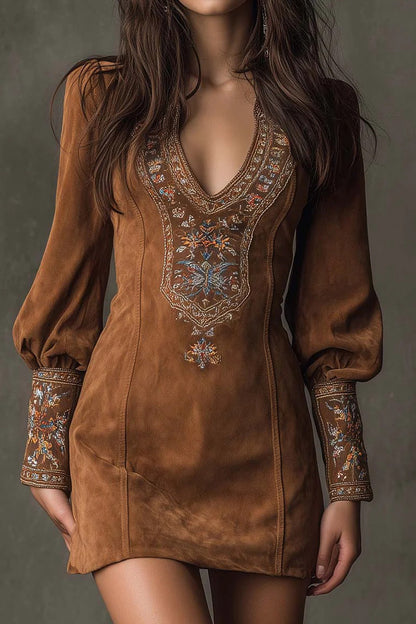 Retro V Neck Embroidered Mini Dress