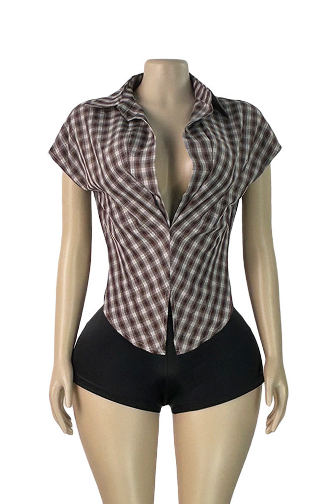 Plunge V-Neck Plaid Pointed Hem Top