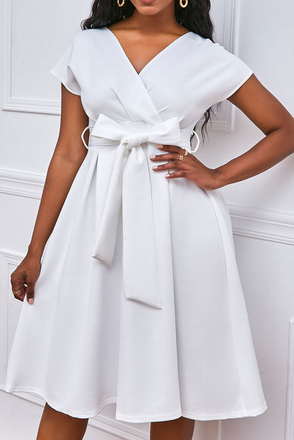 Solid Color Belted Bow Tie Waist Dress