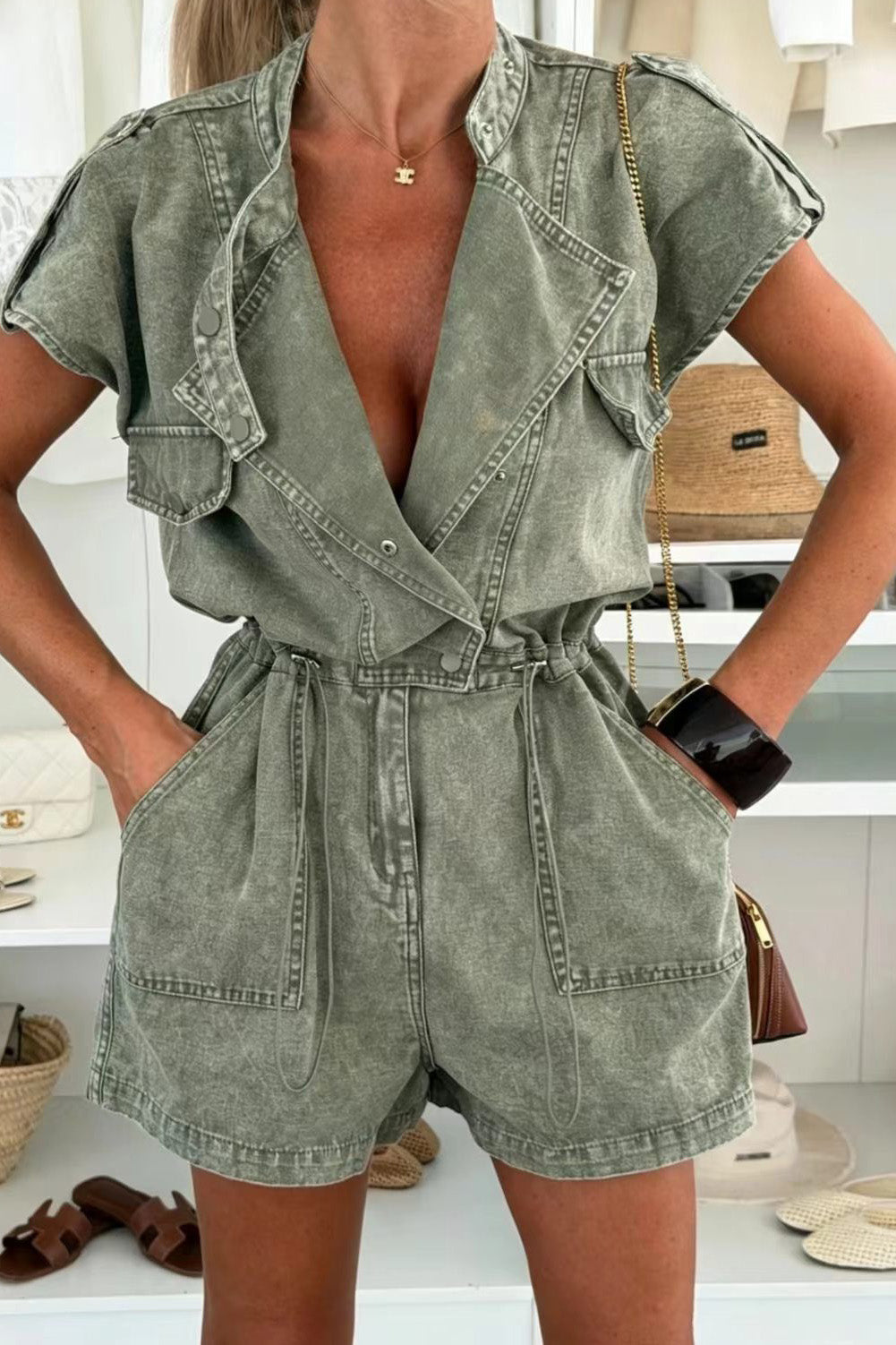 Cap Sleeve Drawstring Denim Utility Romper