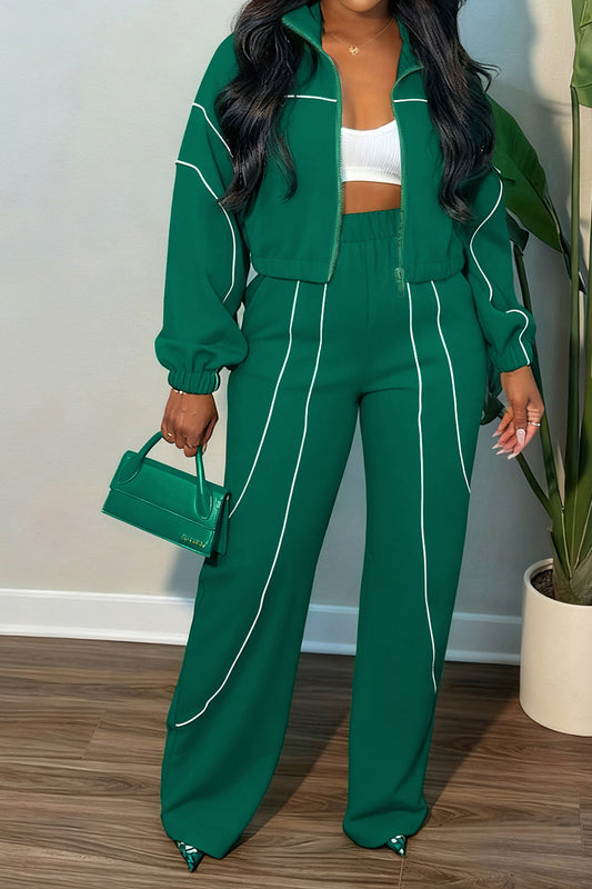 Contrast Piping Zip Pant Set