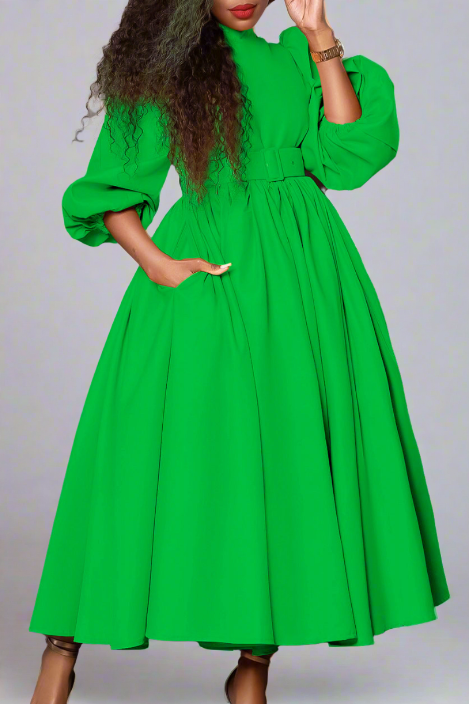 High Neck Puff Sleeve Evening Large Hem Dresses
