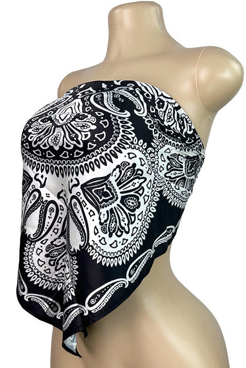 Printed Strapless Scarf Top with Tie Back