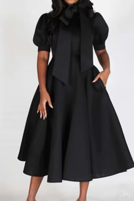 Elegant Tie-Neck Puff Sleeve A-Line Dress