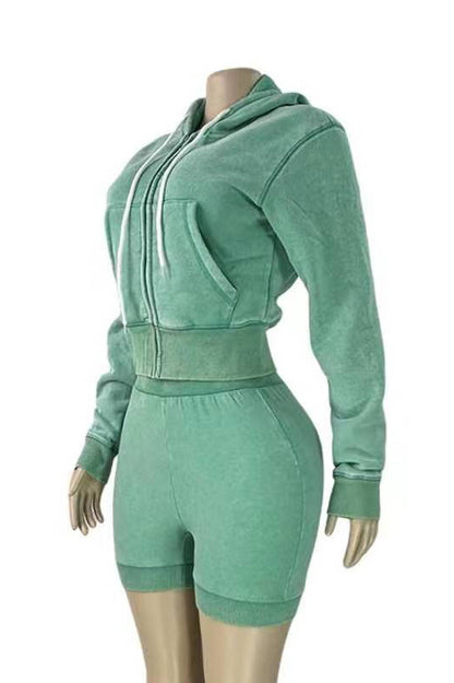Mineral Wash Zip Hoodie & Shorts Set