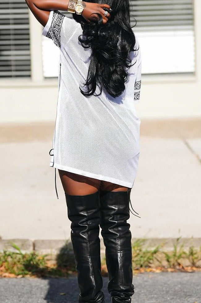 Sheer Mesh Split Rhinestone Top