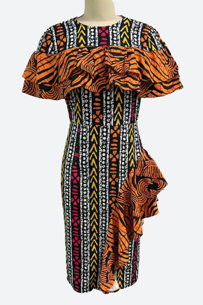 Print Contrast Ruffle Back-Vent Dress