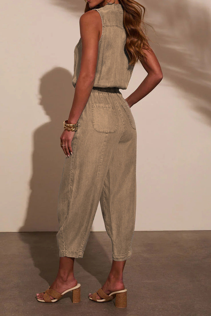 Sleeveless Drawstring Denim Utility Jumpsuit