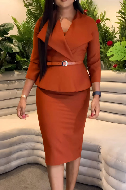 3/4 Sleeve Belted Sheath Work Dress