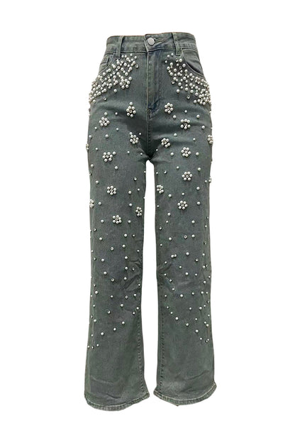 Pearl & Rhinestone Embellished Wide Leg Jeans