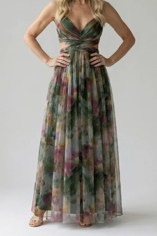 Abstract Chiffon Cutout Backless Maxi Dress