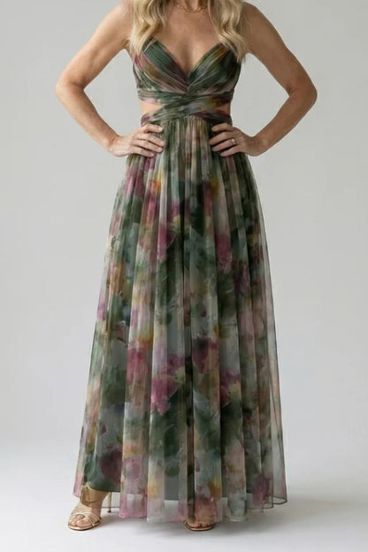 Abstract Chiffon Cutout Backless Maxi Dress