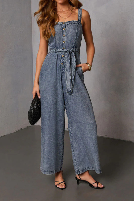Button-Front Wide Leg Denim Jumpsuit