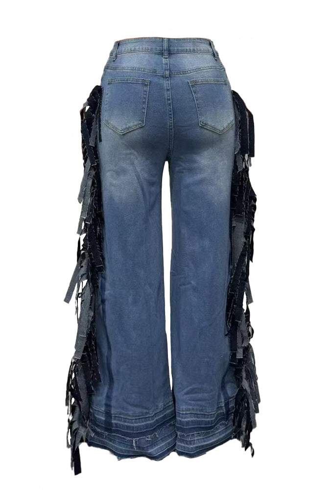 Side Fringe Wide Leg Raw Hem Jeans