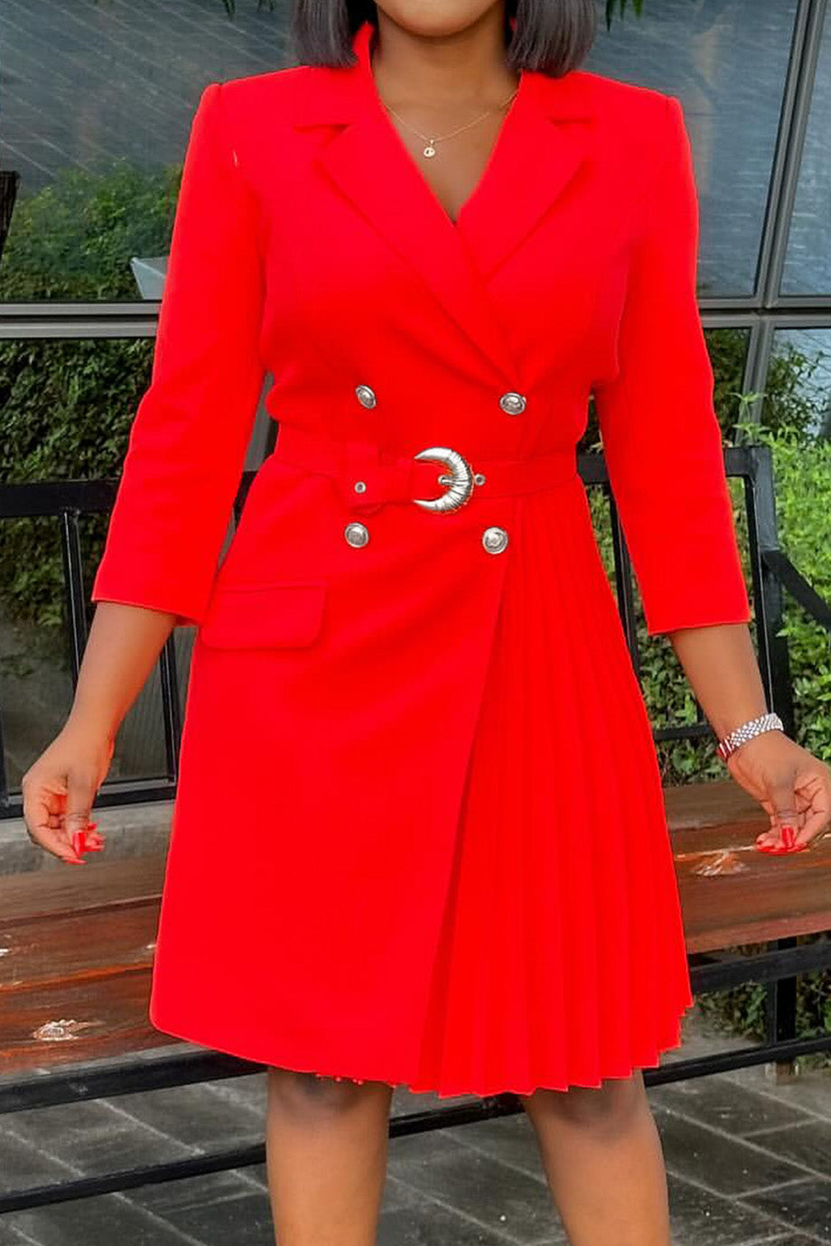 Pleated Patchwork Midi Blazer Dress
