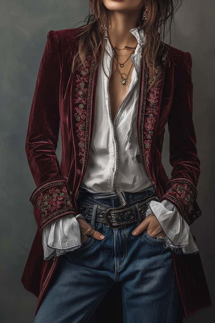 Velvet Embroidered Long Jacket