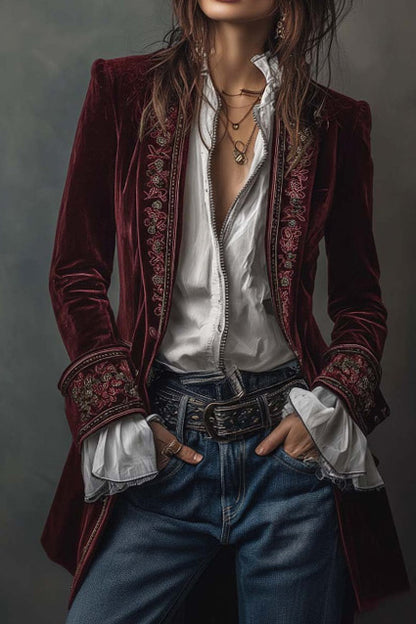Velvet Embroidered Long Jacket