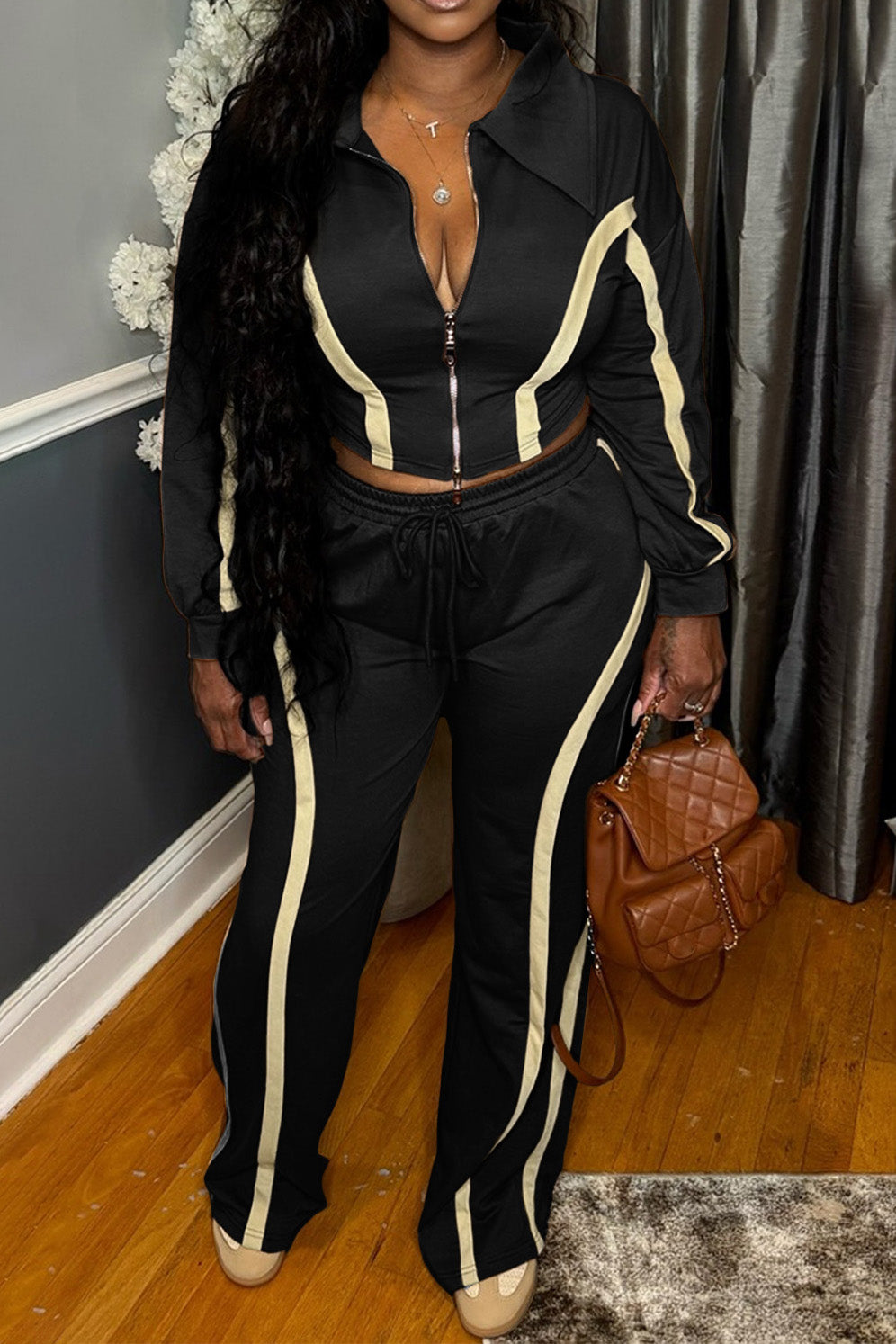 Striped Patchwork Zip-Up Top & Wide Leg Pants Set