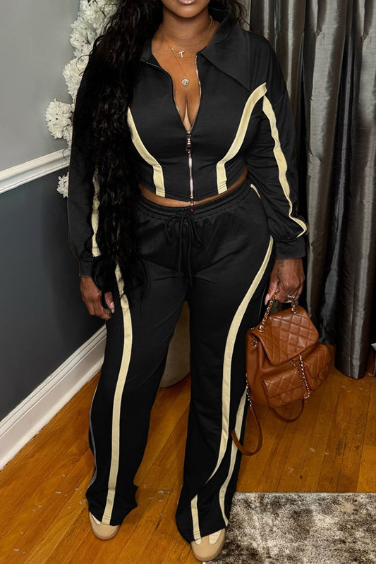Striped Patchwork Zip-Up Top & Wide Leg Pants Set