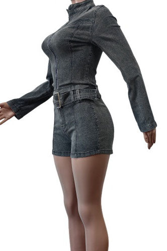 Washed Denim Zip Up Top & Shorts Sets