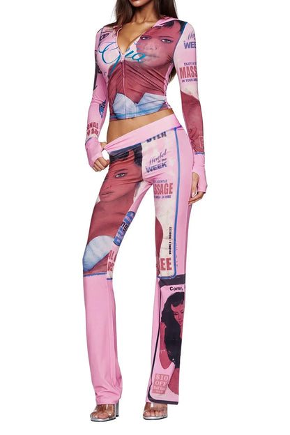 Printed Zip Hoodie & Flared Pant Set