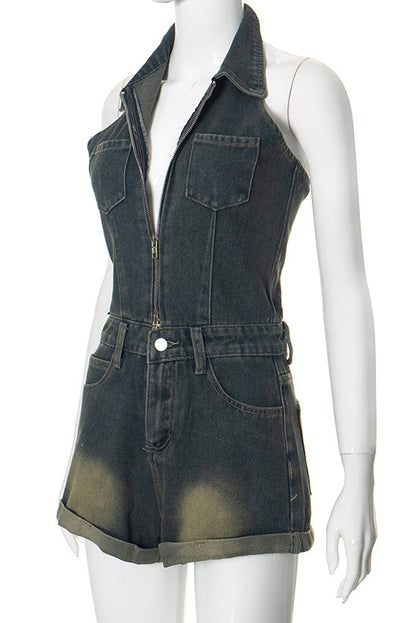 Sleeveless Denim Halter V Neck Backless Romper