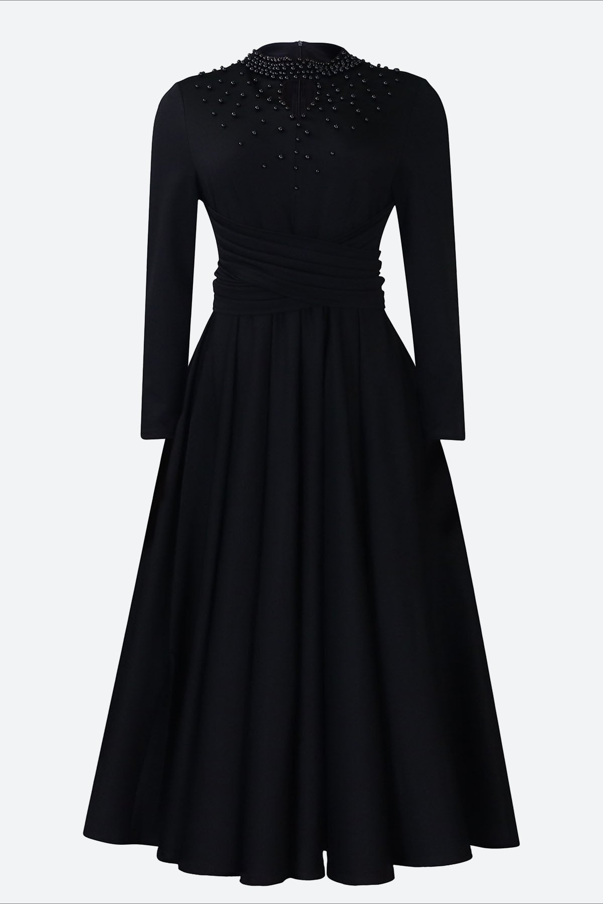High Collar Elegant Beaded Large Swing Dress