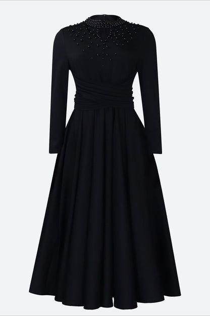 High Collar Elegant Beaded Large Swing Dress