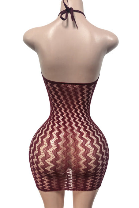 Sheer Zig-Zag Halter Bodycon Mini Dress