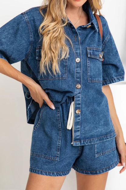 Vintage Elastic Waist Loose Denim Set