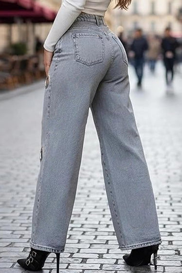 Oversized Grommet Cutout Wide Leg Jeans