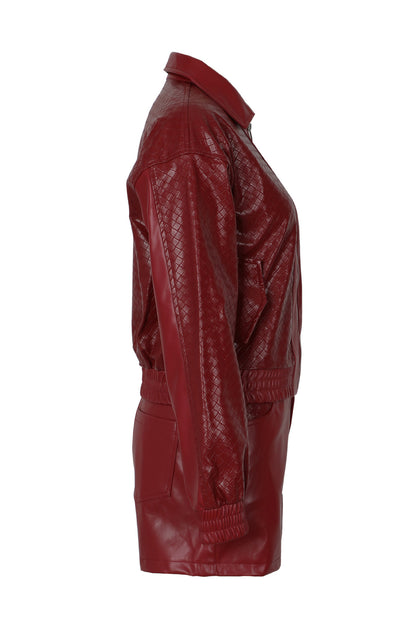Woven Faux Leather Bomber Shorts Set