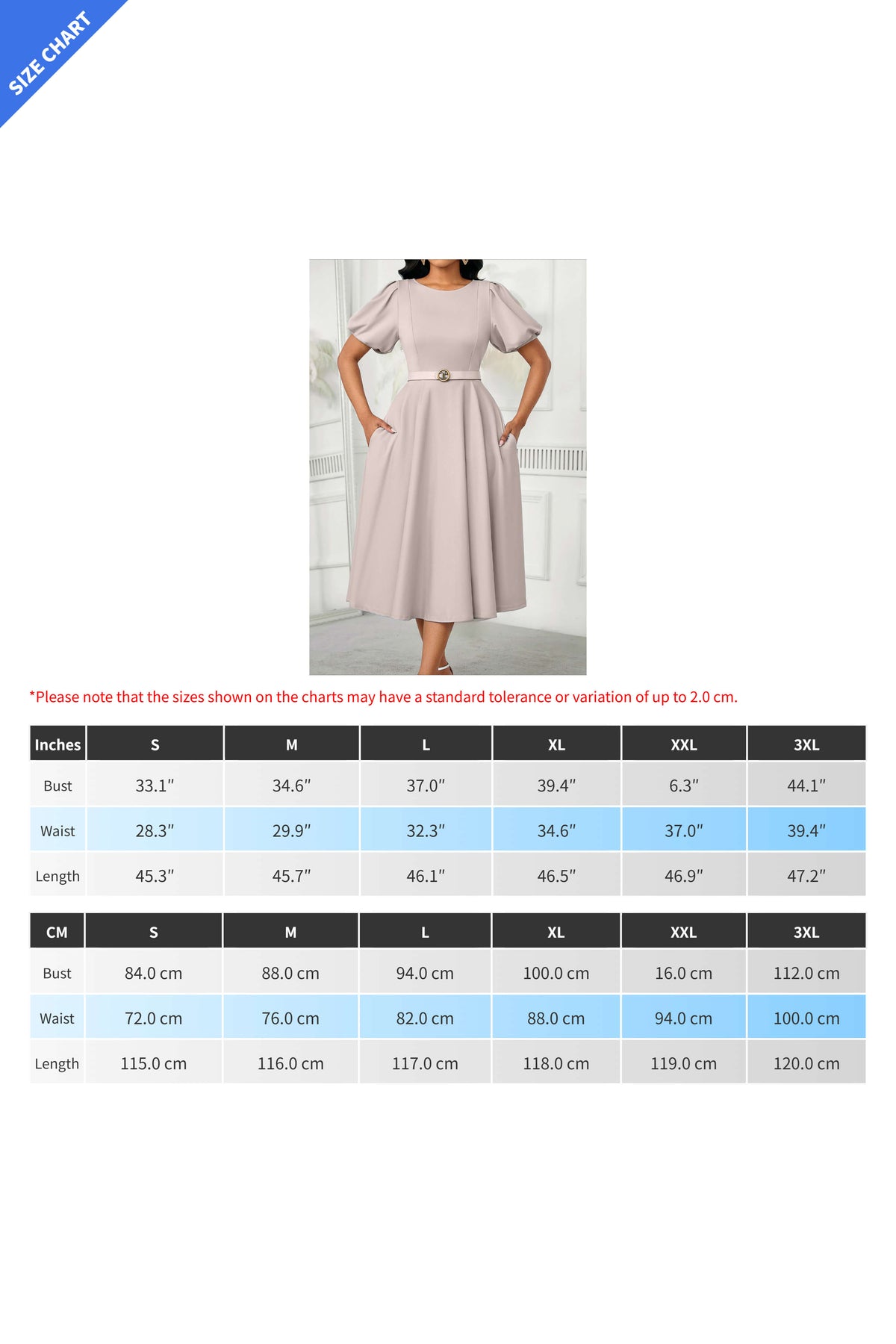 Puff Sleeve High Waist Solid Round Neck Dress