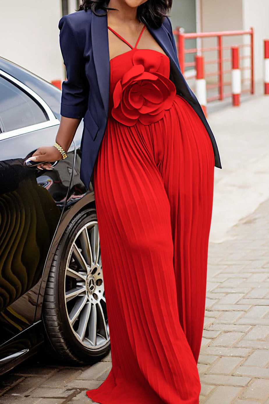 Floral Solid Color Pleated Jumpsuit