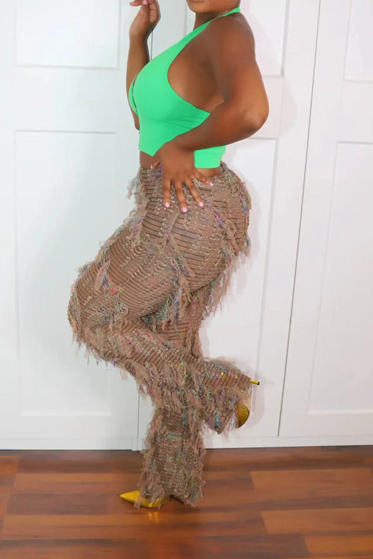 Fringe Sheer Mesh Straight Leg Pants