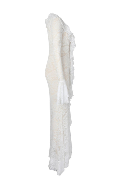 Sheer Lace Ruffled Slit Maxi Dress