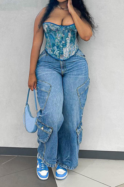 Light Blue Loose Fit Multi-Pocket Jeans