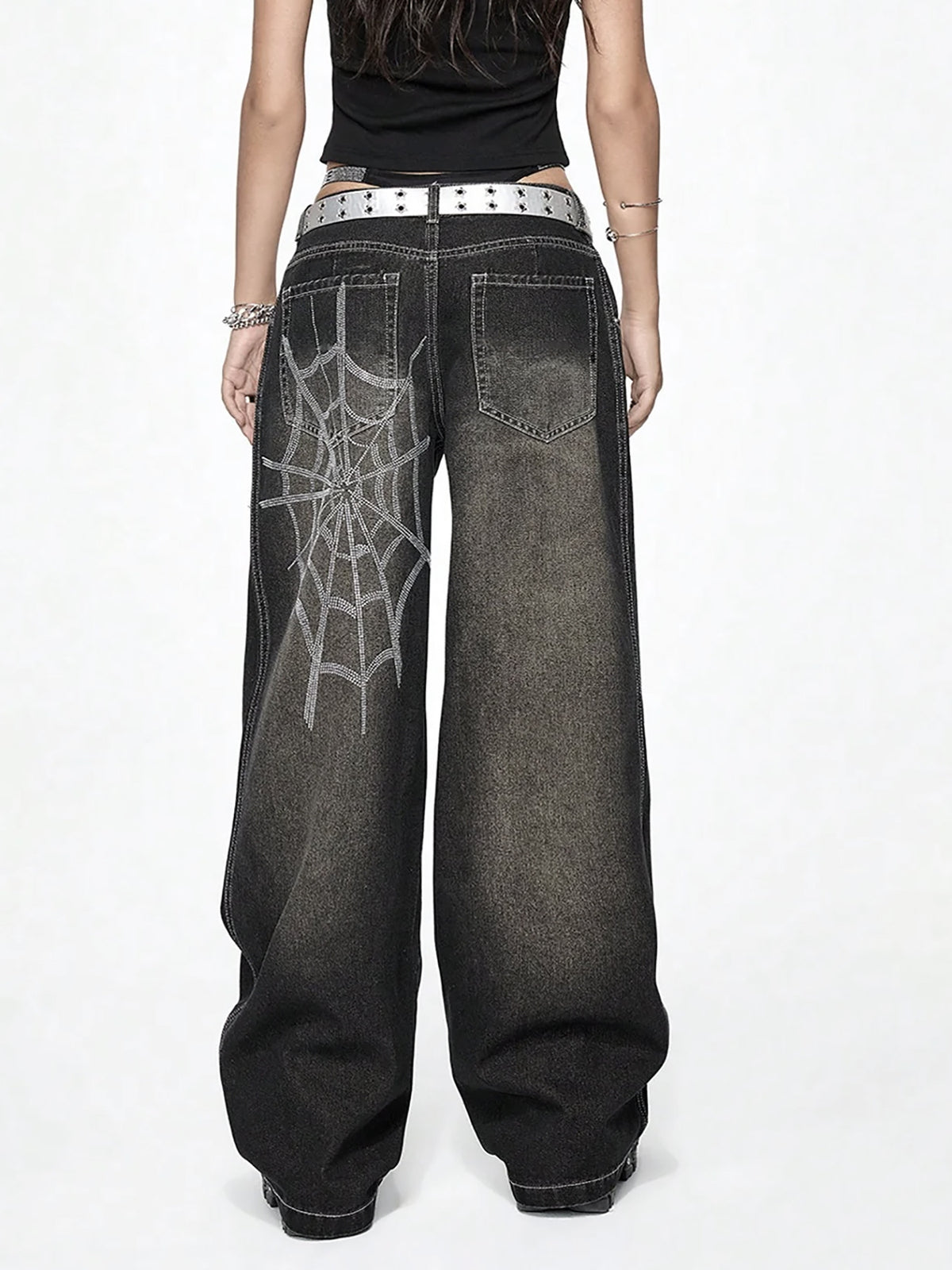 Distressed Rhinestone Spiderweb Jeans