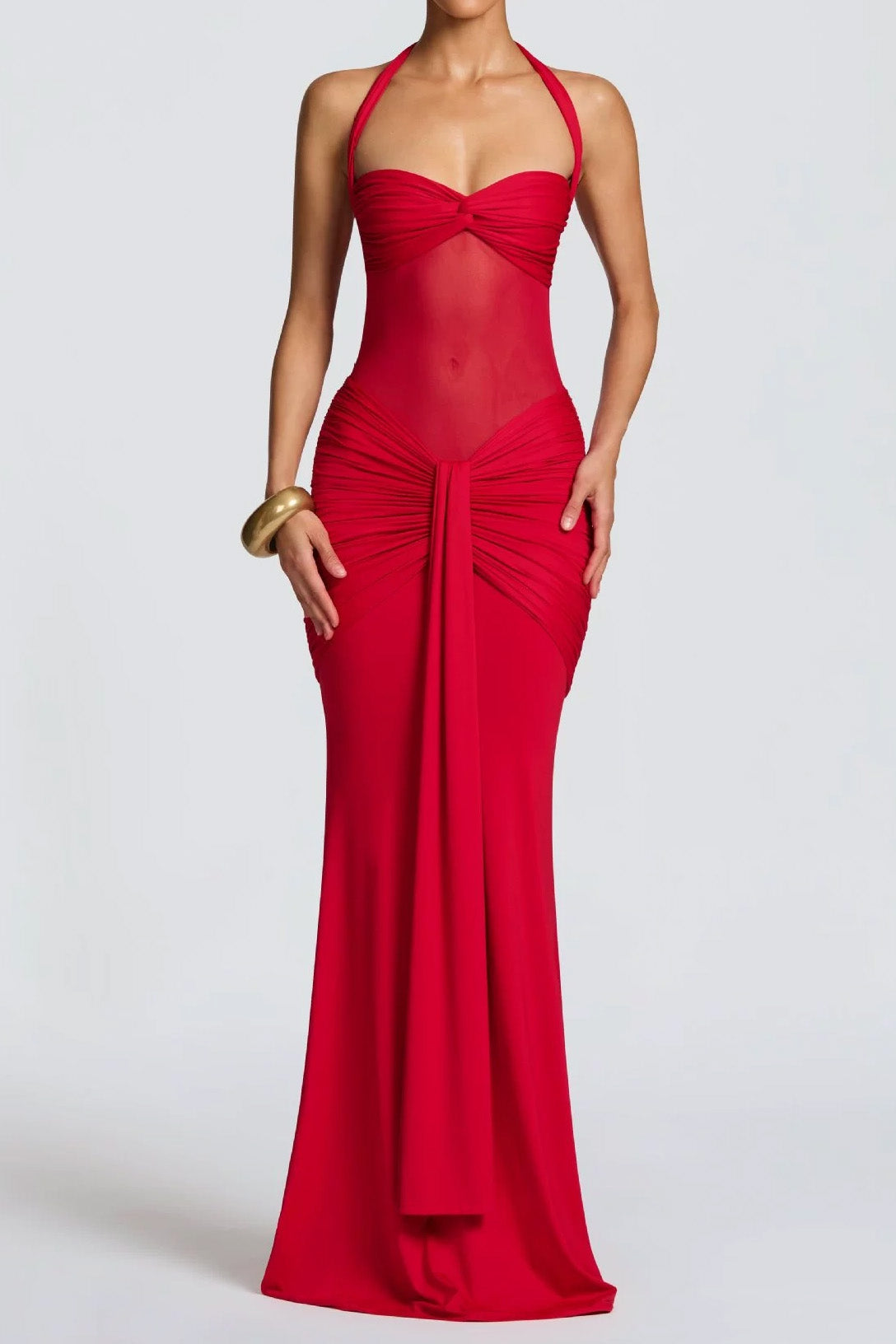Mesh Mermaid Tie-Back Bodycon Maxi Dress