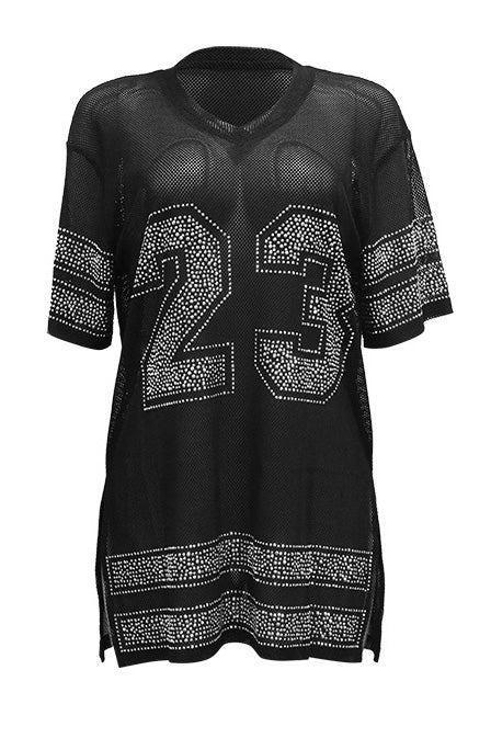 Sheer Mesh Split Rhinestone Top