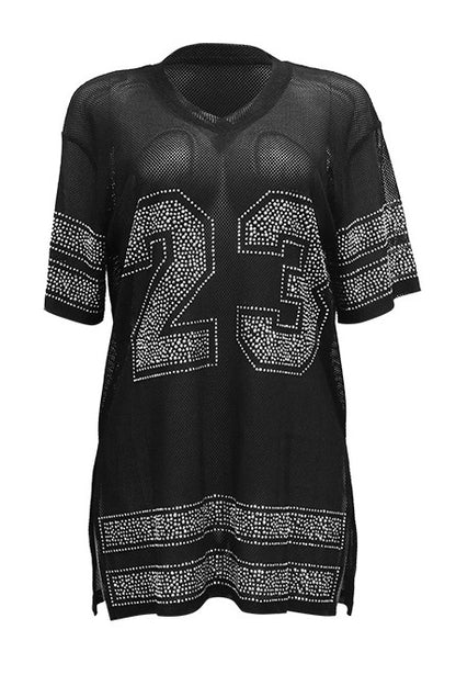 Sheer Mesh Split Rhinestone Top