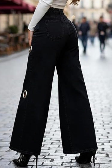 Oversized Grommet Cutout Wide Leg Jeans
