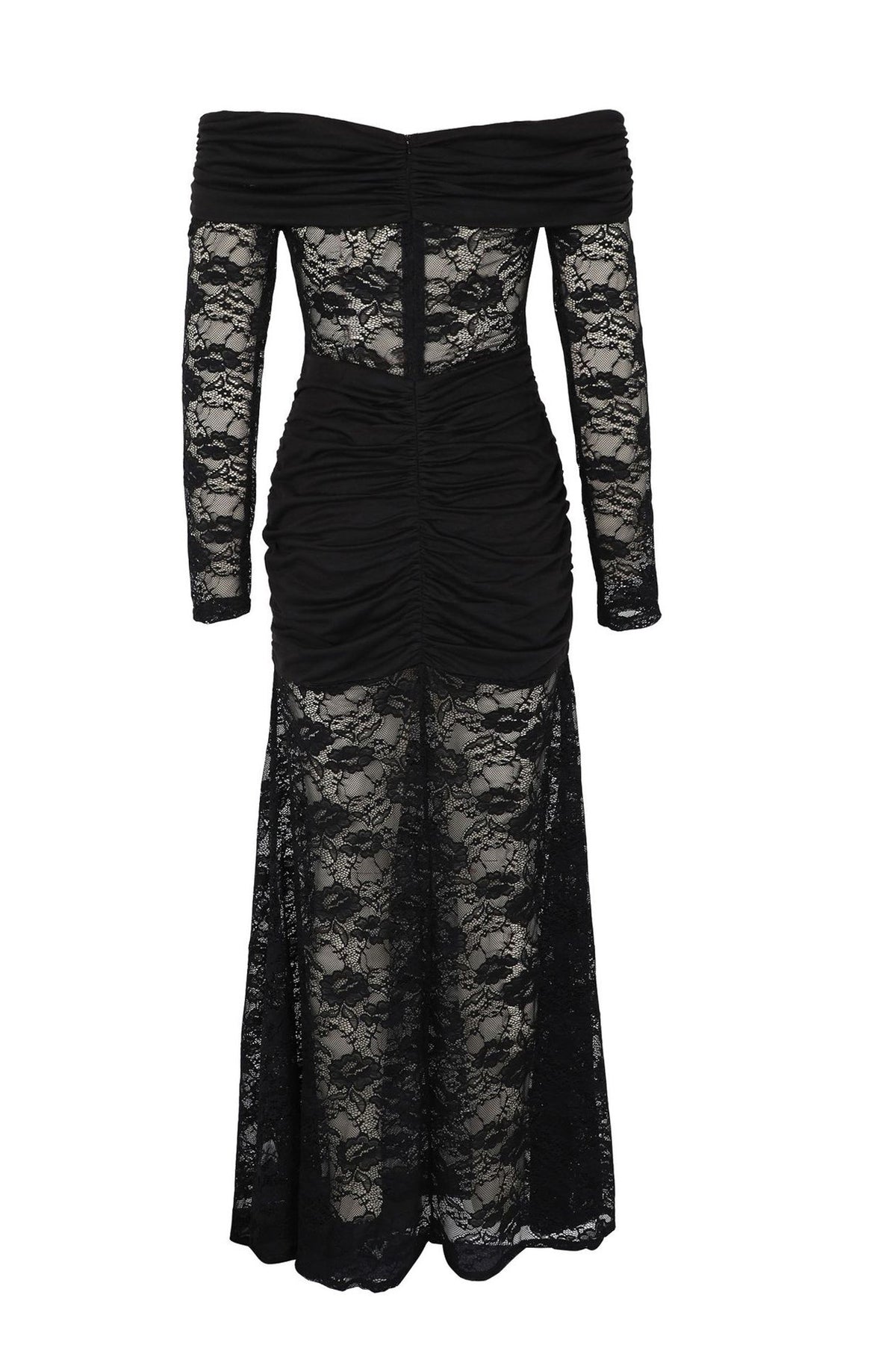 Off-Shoulder Ruched Lace Maxi Dress