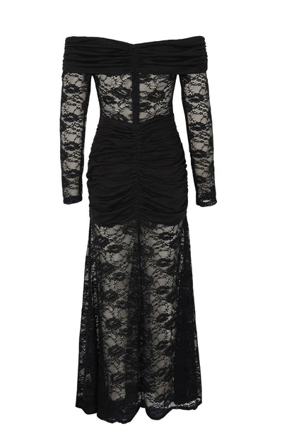 Off-Shoulder Ruched Lace Maxi Dress